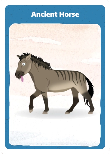 Playing card with cartoon illustration of a ancient horse.